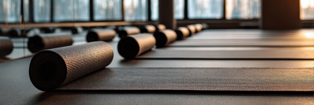 Black yoga mat unrolled on the floor in an empty fitness studio at sunset, concept of health, pilates and meditation class