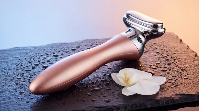 Sleek depuffing wand rests on a polished stone surface with droplets