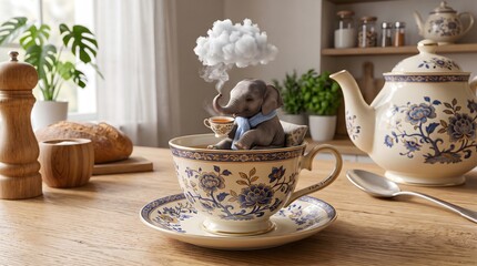 Fototapeta premium Elephant sitting in porcelain teacup