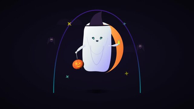 Cute Ghost with Witch Hat and Pumpkin Pail Halloween Illustration