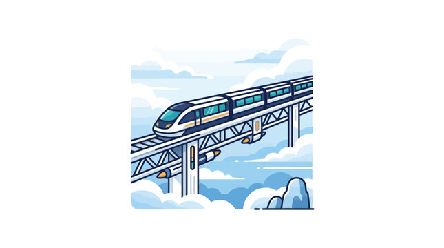 A sleek, modern high-speed train, possibly a bullet train or maglev, traveling on an elevated track above a sky filled with fluffy white clouds, rendered in a clean illustration style.