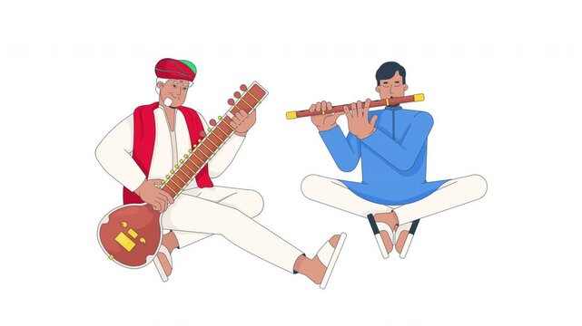 Traditional Indian musicians playing sitar and flute cartoon animation. South Asian men duo performing classical music animated flat 2D characters 4K video isolated on transparent white background