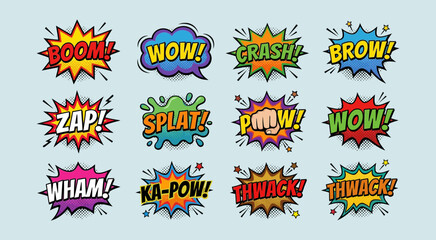 Comic speech bubbles set with sound effects text boom zap wham crash © Hafsa
