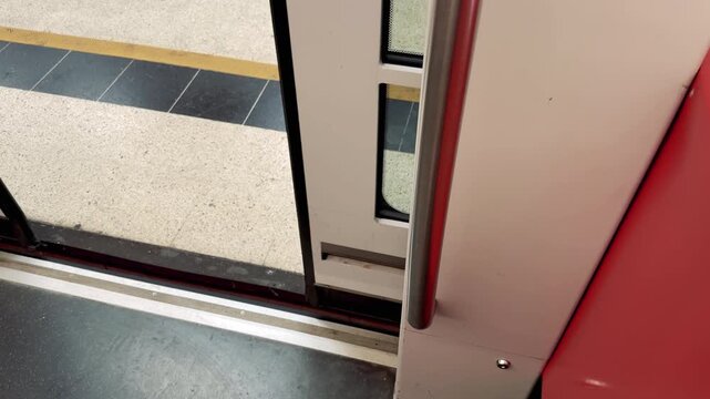 Metro Train Door Opening at Station Close-up