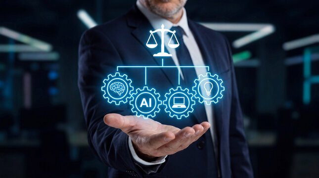Businessman holding glowing digital artificial intelligence law ethics icon glowing graphics displaying scales balance gears technology laptop brain idea concept in transparent background office