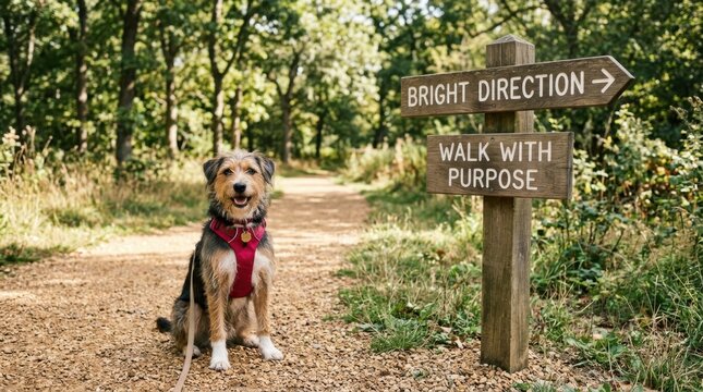 Scruffy terrier dog sits on a forest trail next to an inspirational wooden signpost with the text bright direction and walk with purpose, symbolizing guidance and life motivation during outdoor walks.