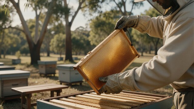 A beekeeper carefully lifts a wooden honeycomb frame filled with golden honey from a Langstroth beehive in an outdoor apiary.