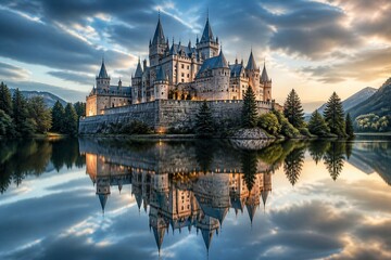 Fototapeta premium Medieval castle reflected in calm lake at sunrise