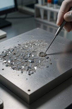 A gloved hand holds a precision tool over metallic fragments on a work surface in an indoor lab setting.