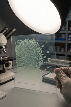 A gloved hand holds a glass slide displaying a digital pattern of light green dots forming a human head silhouette in a laboratory setting.