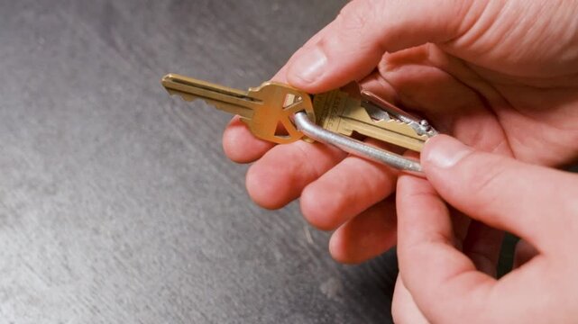 Selecting a bronze house key in close up.