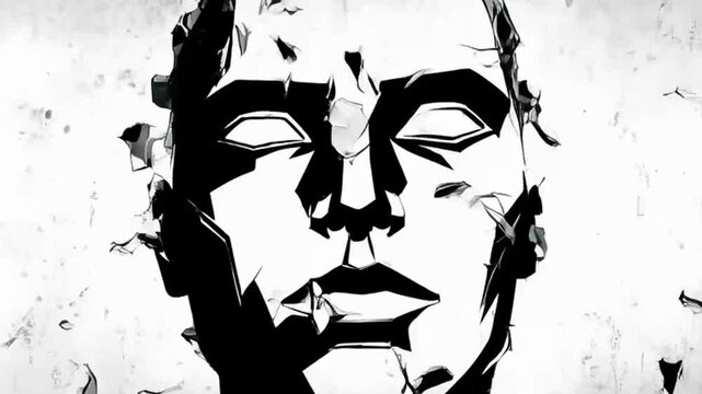 Abstract Artistic Animation of a Human Face Dissolving into Fragments.