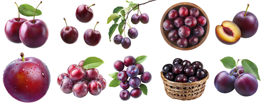 A set of ripe plums, isolated on a transparent background in PNG