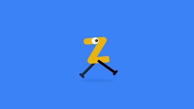 Animated yellow letter Z character walking on a blue background.