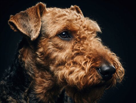 Close up portrait of a ginger airedale terrier dog. This purebred canine has curly fur and looks attentively ahead. Studio shot on dark background.