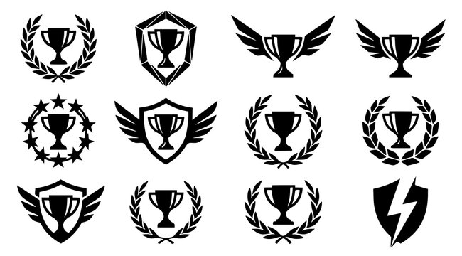 Abstract geometric trophy cup and laurel wreath vector logo set bold black winner emblem collection

