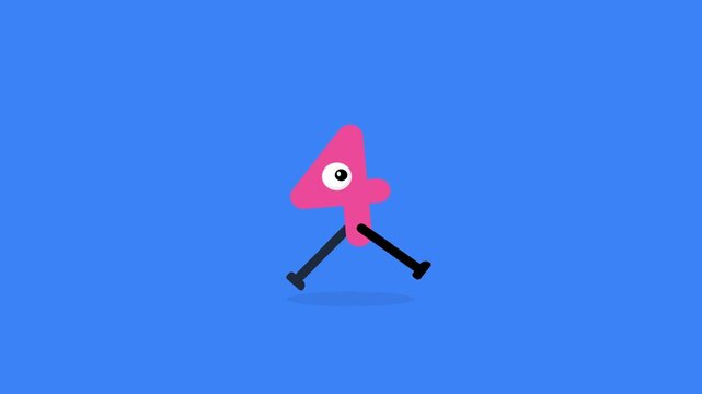 Animated pink number four character running on a blue background.