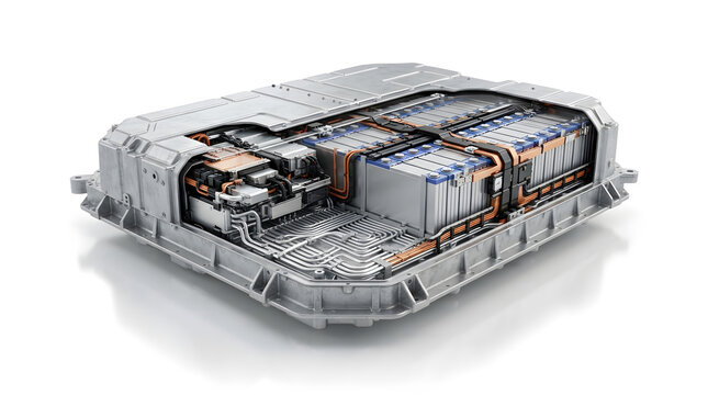High detail 3D rendering of an electric vehicle battery pack with lithium ion cells, thermal management components, busbars and protective housing