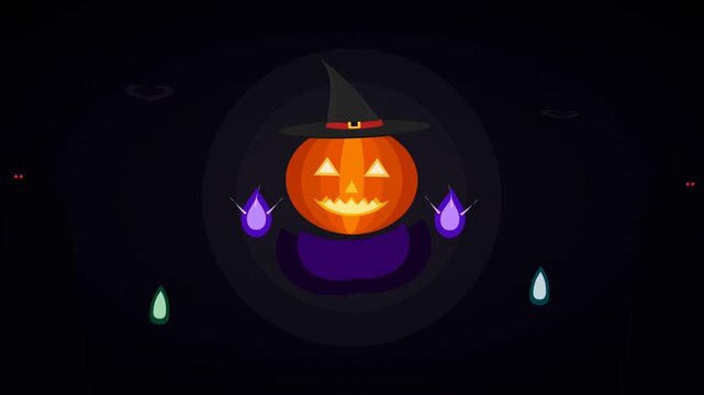 Halloween Pumpkin Witch Illustration with Glowing Magic Flames
