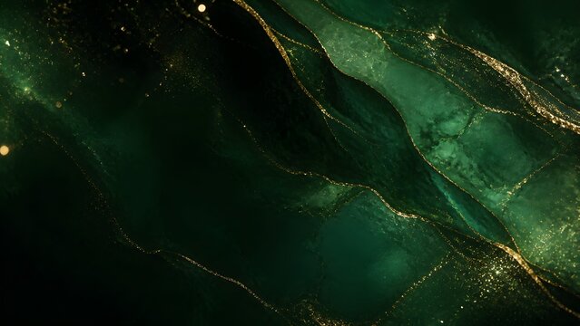 Abstract dark green and gold liquid marble background with glittering veins and copy space