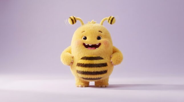 Cute yellow plush bee character with a happy expression on purple background