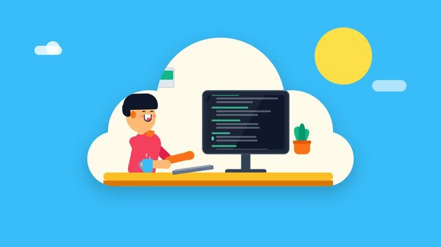 Flat vector illustration of a software developer coding in a cloud environment.