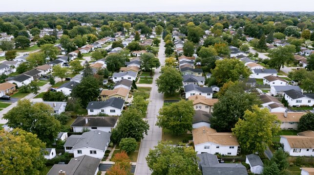 The Suburban Neighborhood Aerial View of Tree Lined Streets and Homes