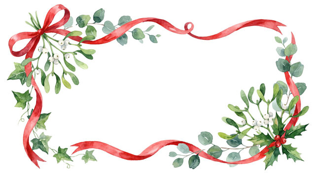 Christmas Wreath Border with Red Ribbon and Greenery.