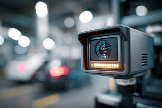 A modern security camera with an illuminated lens, positioned in a dimly lit parking garage. The camera is focused and ready to capture footage of its surroundings, indicating surveillance and safety