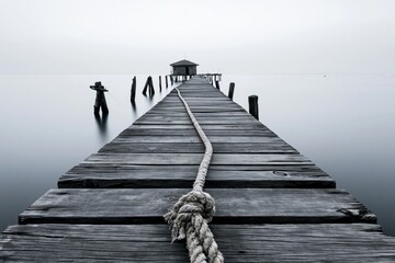 Obraz premium The Weathered Pier Reaching Toward a Calm, Distant Gazebo Over Quiet Waters