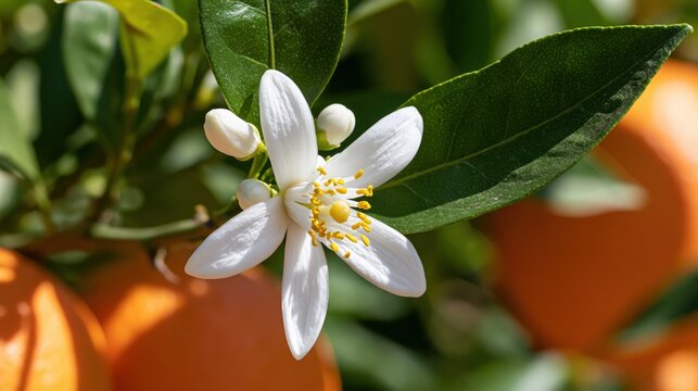 The White Orange Blossom in Sunlit Garden Branch with Leaves