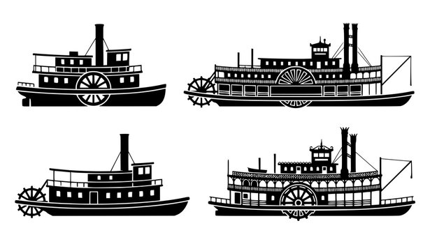 Vintage paddle wheel steamboat silhouette collection classic riverboat nautical vector