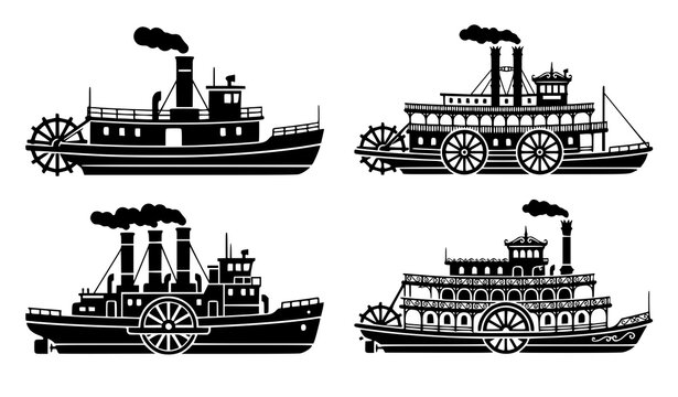 Classic steamboat and paddle wheel riverboat black silhouette icon vector set