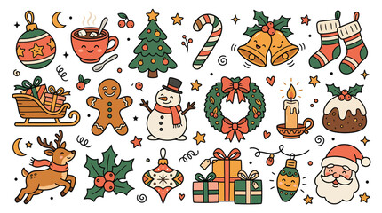 Fototapeta premium Hand Drawn Doodle Set of Christmas Holiday Festive Elements.