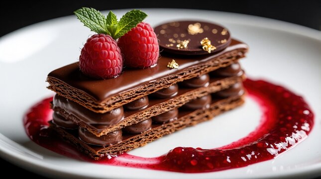 Rich chocolate mille-feuille pastry stack with fresh raspberries and mint leaf garnish. Dessert served on white plate with red berry coulis swirl. Elegant sweet treat.