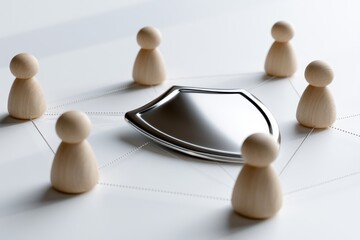 Obraz premium Wooden figurines connected by dotted lines encircling a reflective metallic shield symbolizing collaborative protection and network security concepts