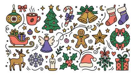 Fototapeta premium Set of cute hand drawn Christmas elements and festive holiday decorations.
