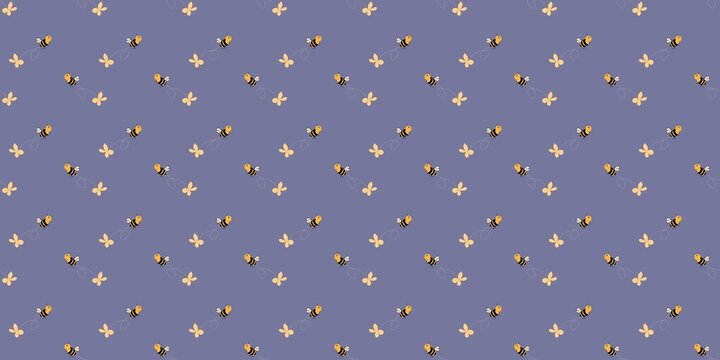 Cute seamless pattern with repeating bees and butterflies on a lavender background.