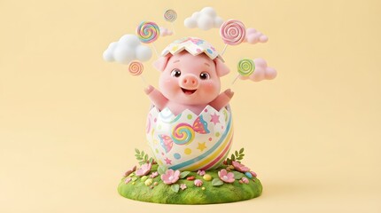 Fototapeta premium Cute piglet emerging from decorated egg with candy and clouds