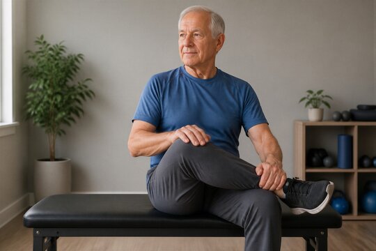 Older man stretching leg on bench in home exercise room