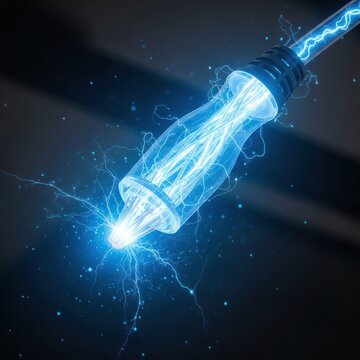 Electrical plug with electric sparks and energy effect on a dark background