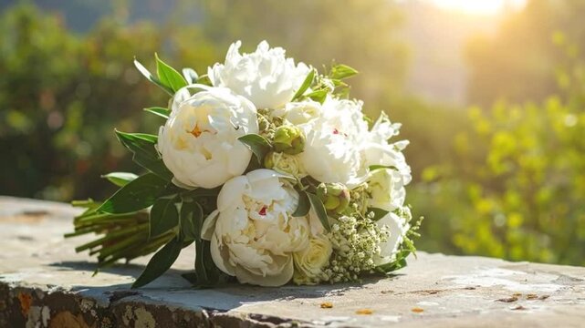 A beautiful bouquet of white flowers rests on a stone wall