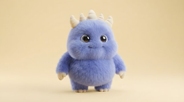 Cute blue fluffy monster with horns on a beige background