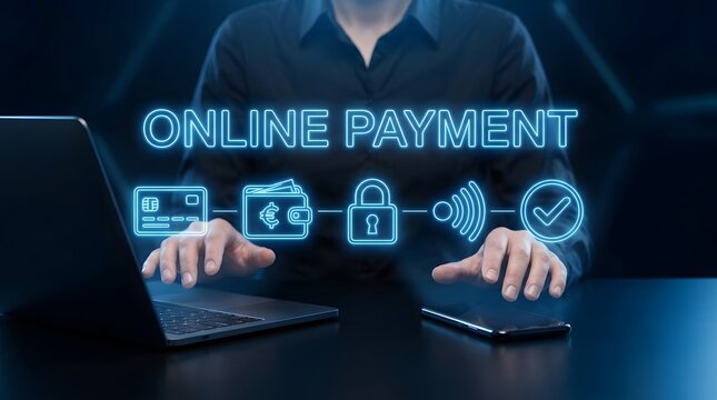 A business person using a laptop to process secure digital online payments with glowing blue interface icons and text overlay