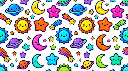 Obraz premium Vibrant Cute Kawaii Space Pattern with Smiling Stars