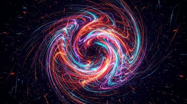 Abstract cosmic energy vortex with swirling orange, red, and cyan glowing light trails and sparks on a black background, representing a high-speed motion spiral or space portal.