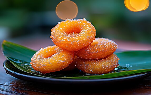 Stacked sugared doughnuts on banana leaves