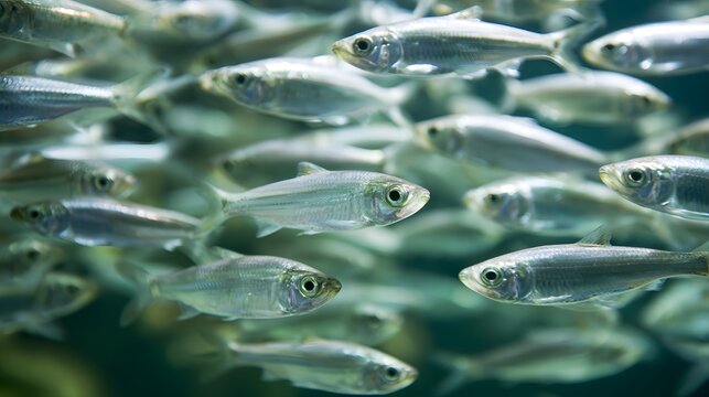 A dense school of small silver fish swimming together in clear water under natural light  creating a dynamic underwater scene