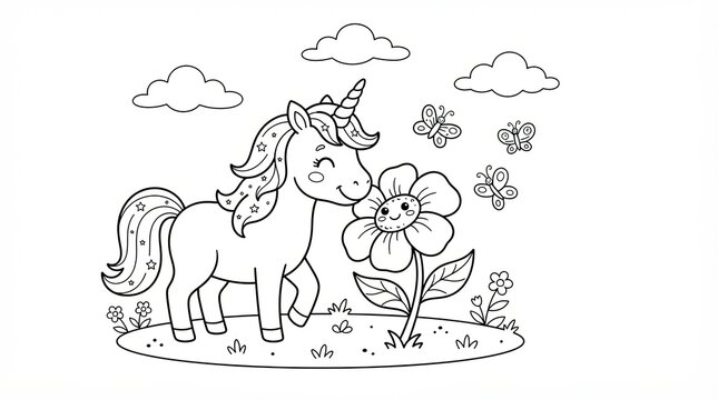 Cute unicorn smelling a flower in a meadow for kids coloring page