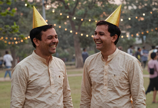 Two happy indian men wearing party hats and traditional kurtas laughing outdoors at a festive event, They are enjoying a social gathering in a park with blurred background lights and trees